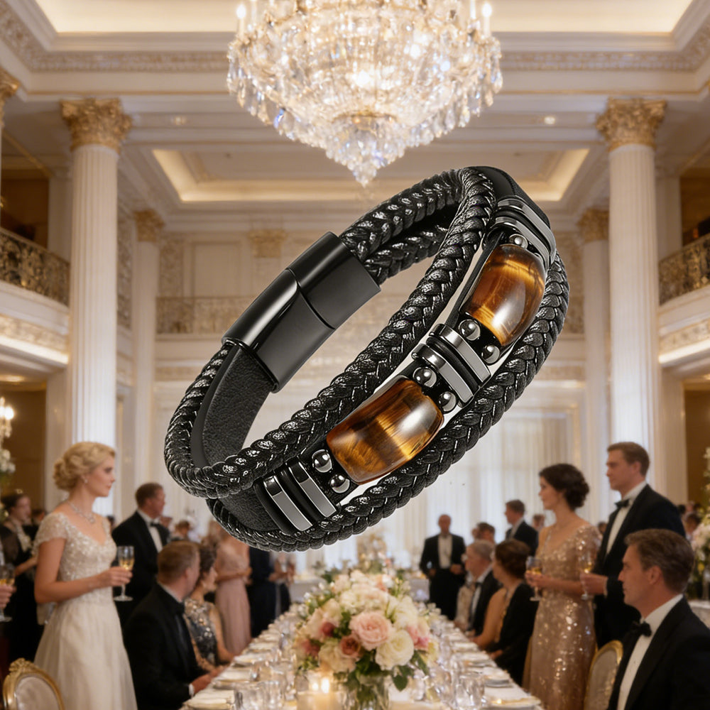 Natural Tiger Eye Stone & Leather Braided Healing Bracelet