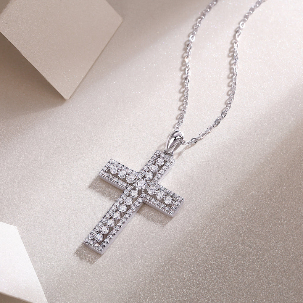 Moissanite Cross Sterling Silver Platinum Necklace