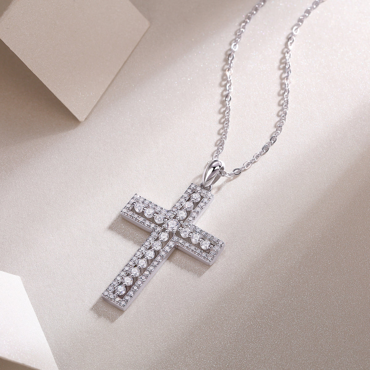 Moissanite Cross Sterling Silver Platinum Necklace