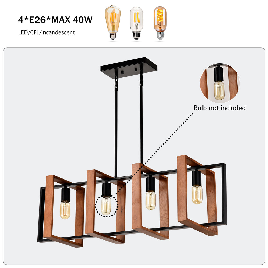 Rustic Farmhouse Chandelier - 4-Light Wood & Black Metal Pendant (36")