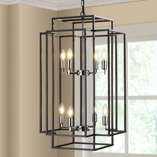 8-Light Industrial Farmhouse Chandelier - Black & Chrome Tiered Pendant