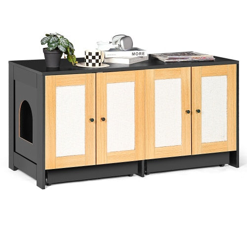 Double Cat Litter Box Furniture - Hidden Enclosure for 2 Cats with Rattan Doors