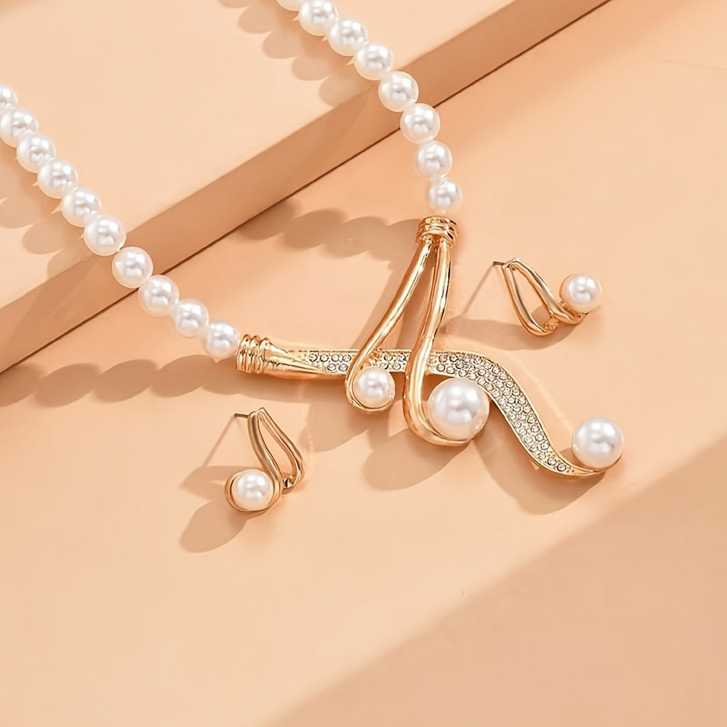 Pearl Jewelry Set - Necklace & Geometric Earrings (2-Piece)