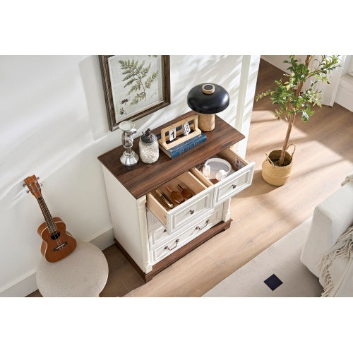 Farmhouse 5-Drawer Dresser - Rustic Walnut Chest with Wooden Base & Antique Pulls