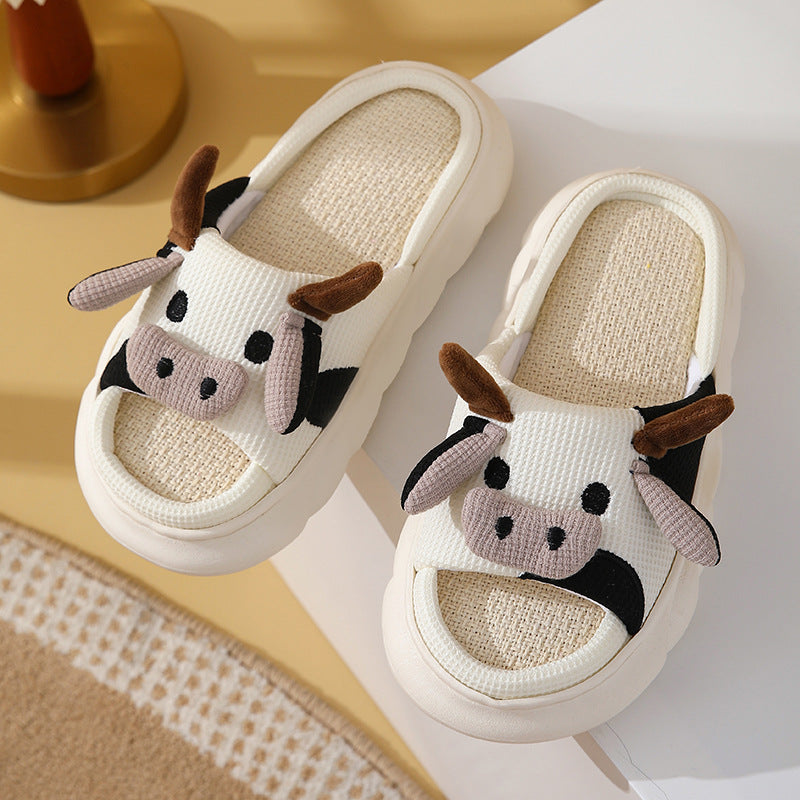 Cute Cartoon Cow Frog Slippers, Linen, Non-slip