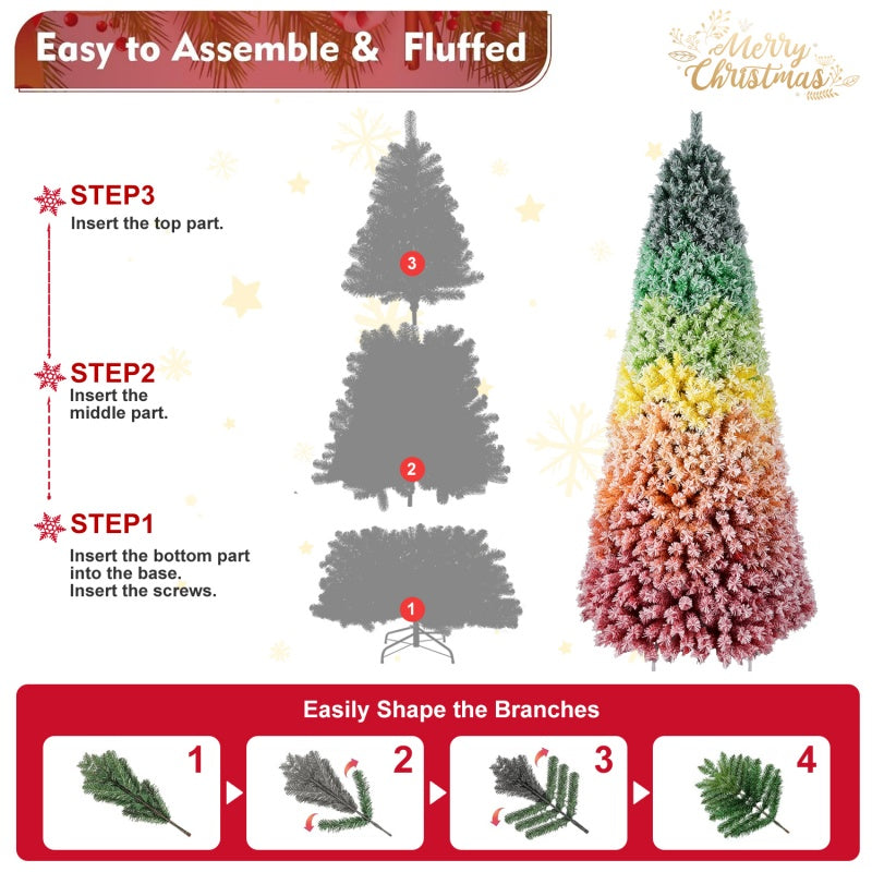 Rainbow Flocked Christmas Tree - Colorful Artificial Hinged Tree
