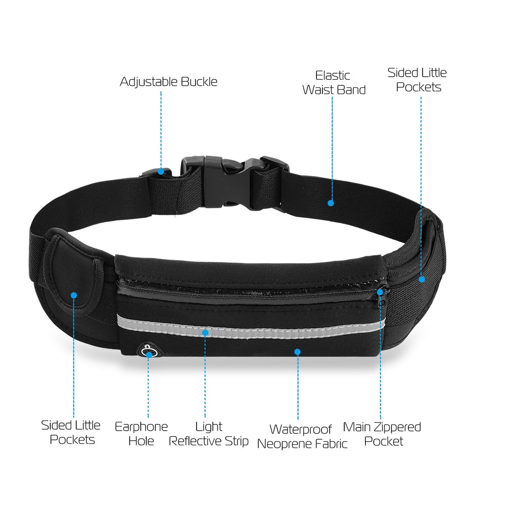 Waterproof Running Belt with 3 Pockets - Adjustable Waist Pack