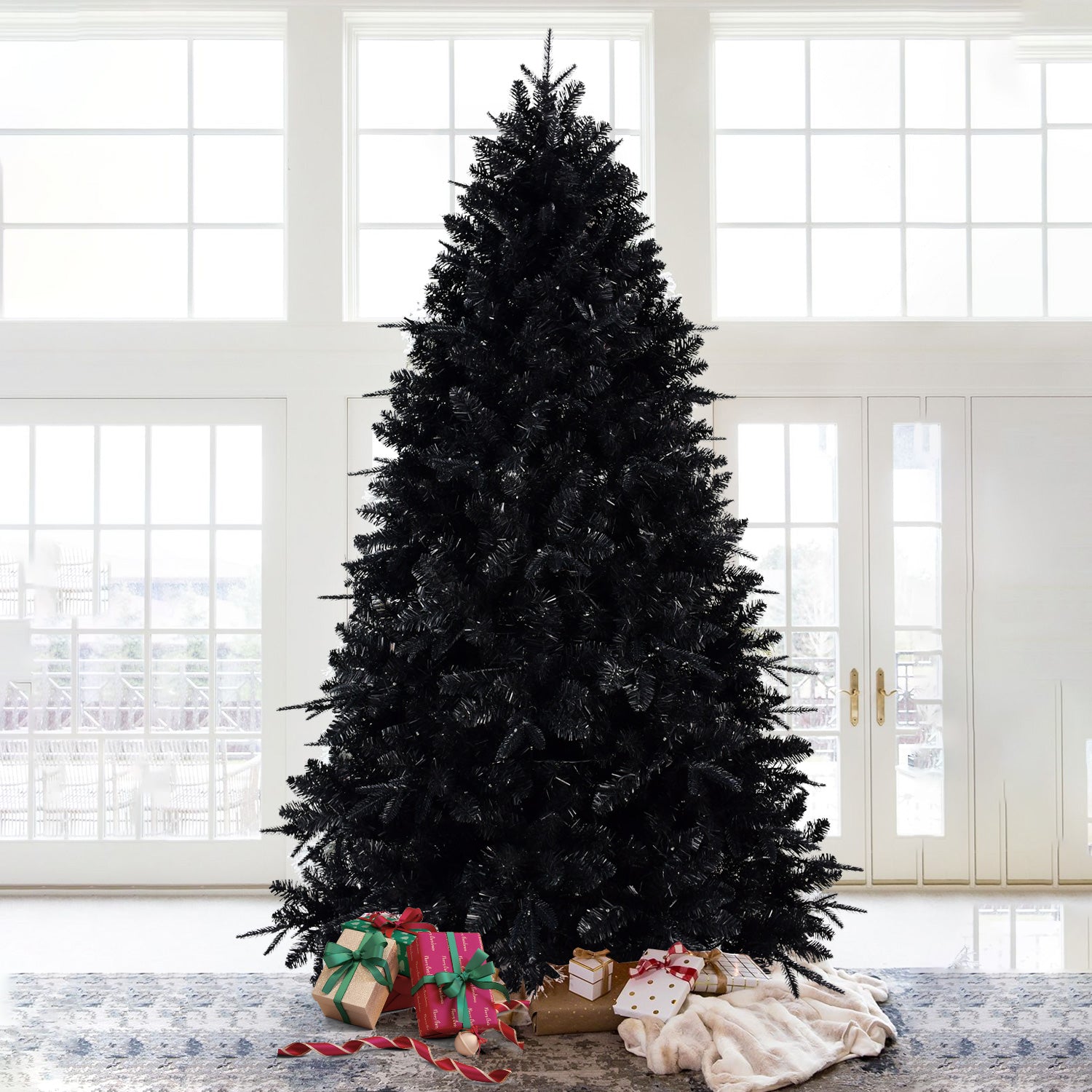 Pre-Lit Black Christmas Tree with White LED Lights - Halloween & Holiday Decor