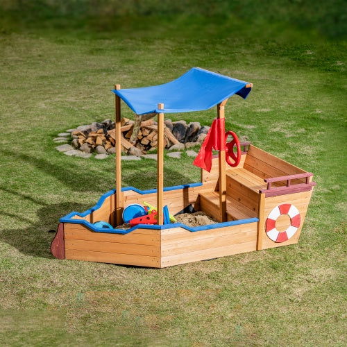 Boat-Shaped Wooden Sandbox with Canopy and Storage Bench