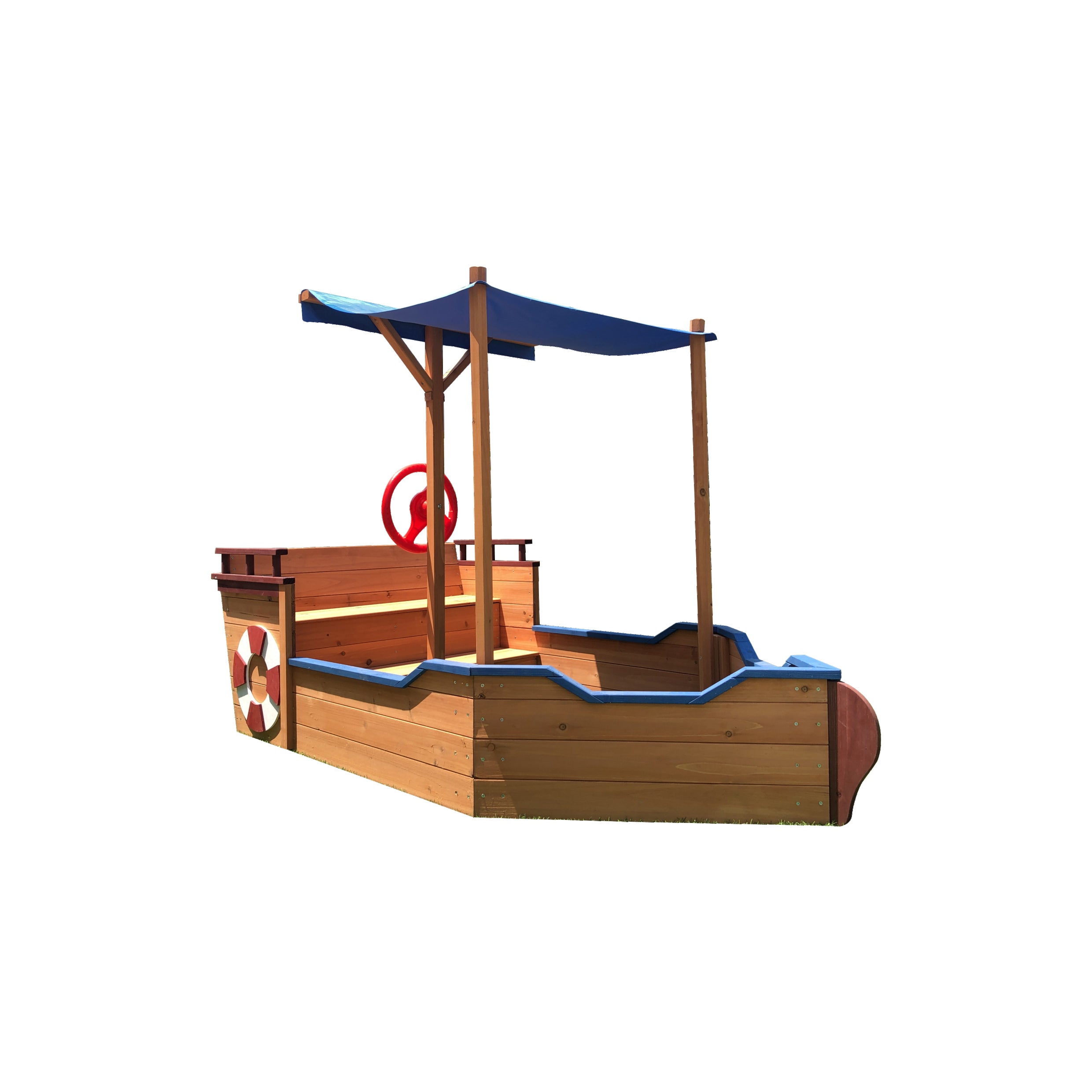 Boat-Shaped Wooden Sandbox with Canopy and Storage Bench