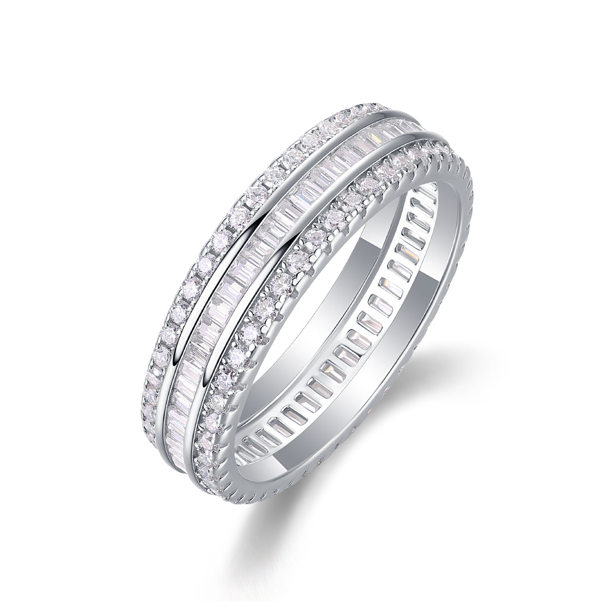 Double Row Square Moissanite Sterling Silver Ring