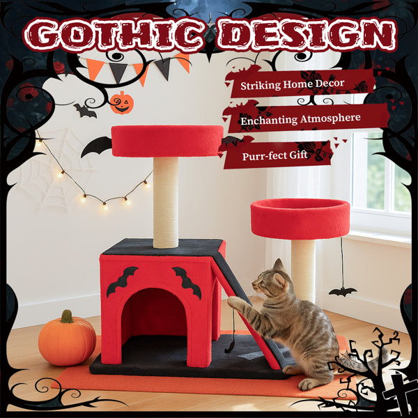 Gothic Cat Tree - Red & Black Halloween Cat Tower with Bat Wings