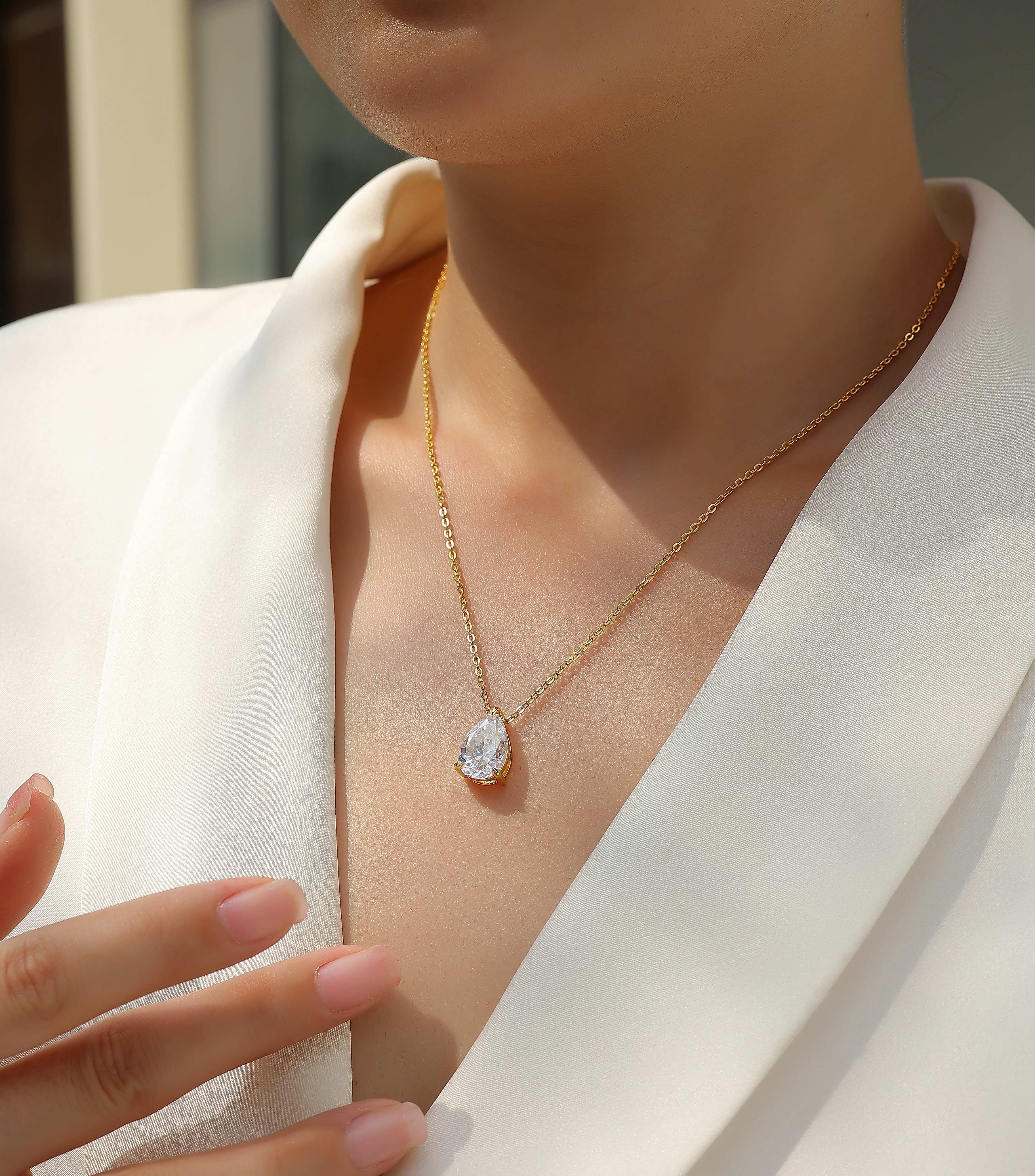 Pear-Shaped Moissanite Pendant Necklace – S925 Sterling Silver with Gold Plating