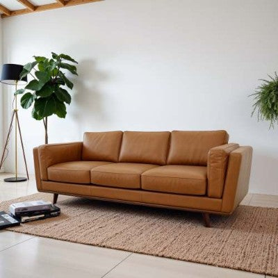 Mid-Century Modern Leather Sofa - 3-Seat Tan Genuine Leather Couch