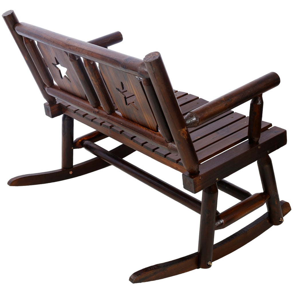 Outdoor Wood Rocking Bench for 2 - Rustic Brown Porch Rocker