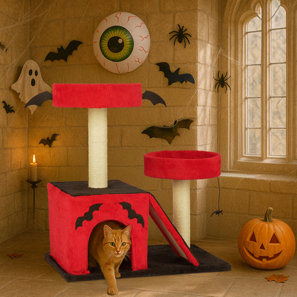 Gothic Cat Tree - Red & Black Halloween Cat Tower with Bat Wings