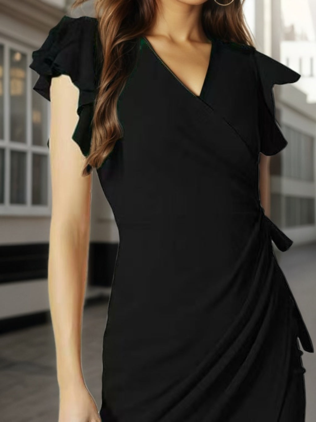 Women's Deep V-Neck Bodycon Dress - Pleated Ruffle Sleeve Fitted Dress