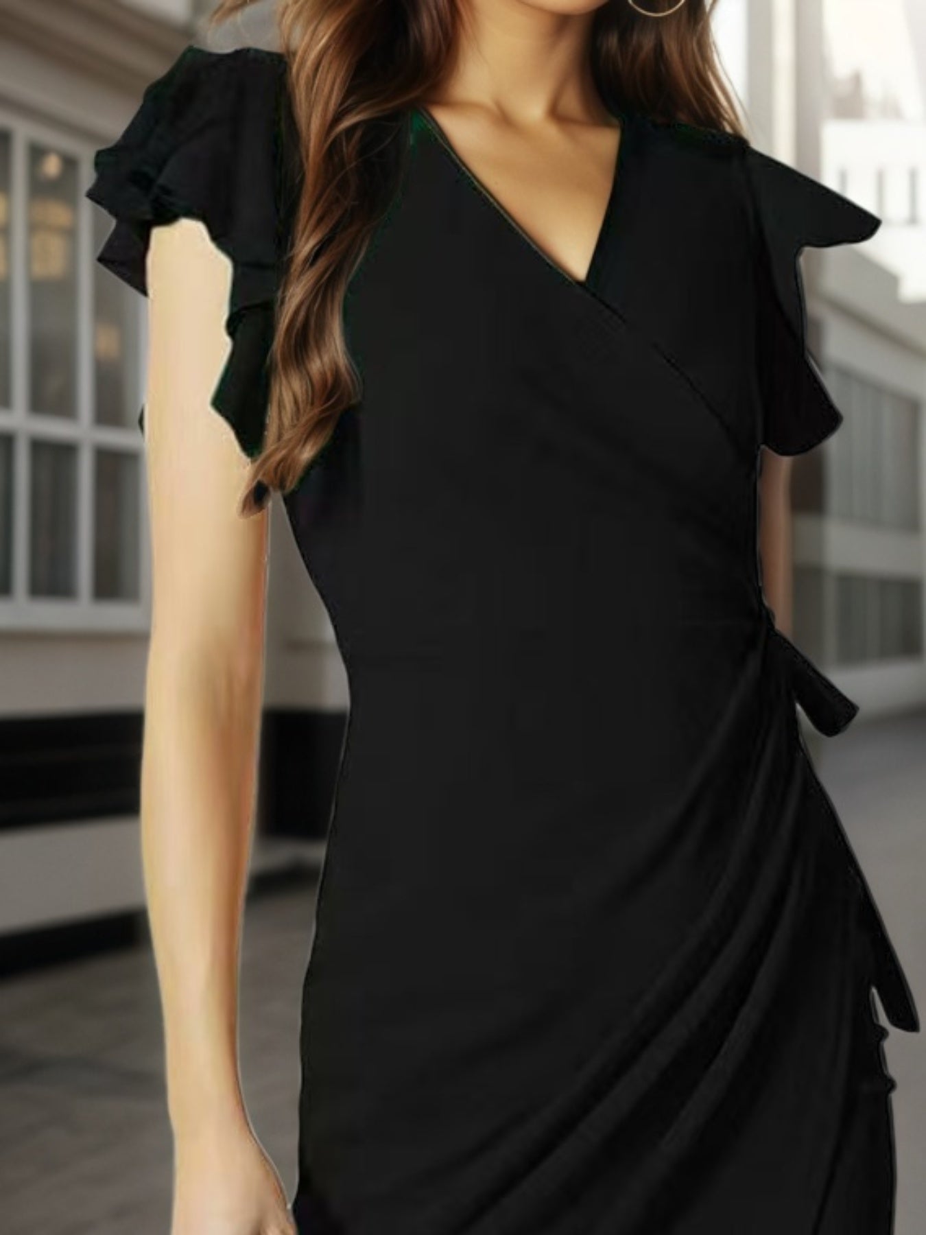 Women's Deep V-Neck Bodycon Dress - Pleated Ruffle Sleeve Fitted Dress
