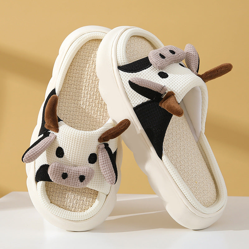 Cute Cartoon Cow Frog Slippers, Linen, Non-slip