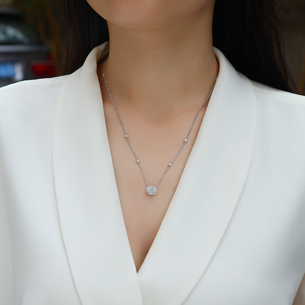Oval Moissanite Necklace - S925 Sterling Silver Platinum-Plated with Chain
