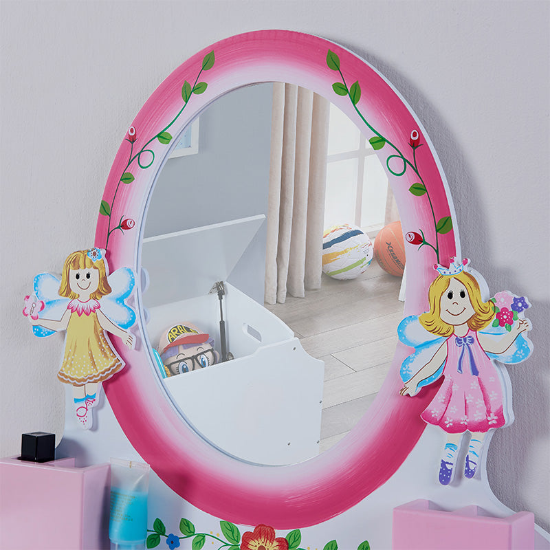 Kids Wooden Vanity Table with Mirror and Stool - Pink