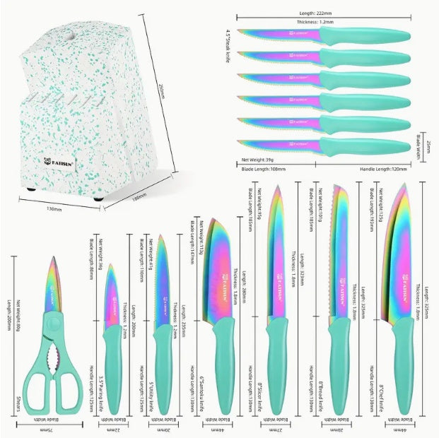 14-Piece Rainbow Titanium Knife Set - Stainless Steel Kitchen Knives