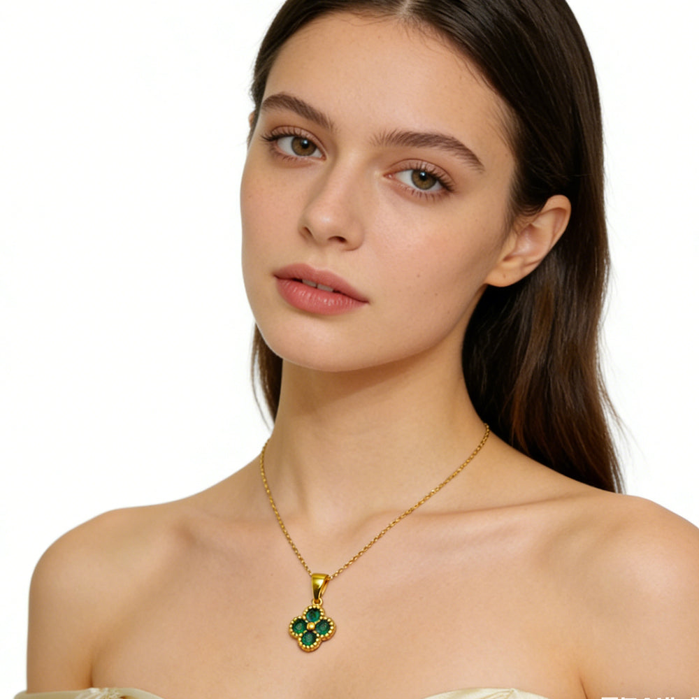 Green Four Leaf Clover 24K Gold Necklace