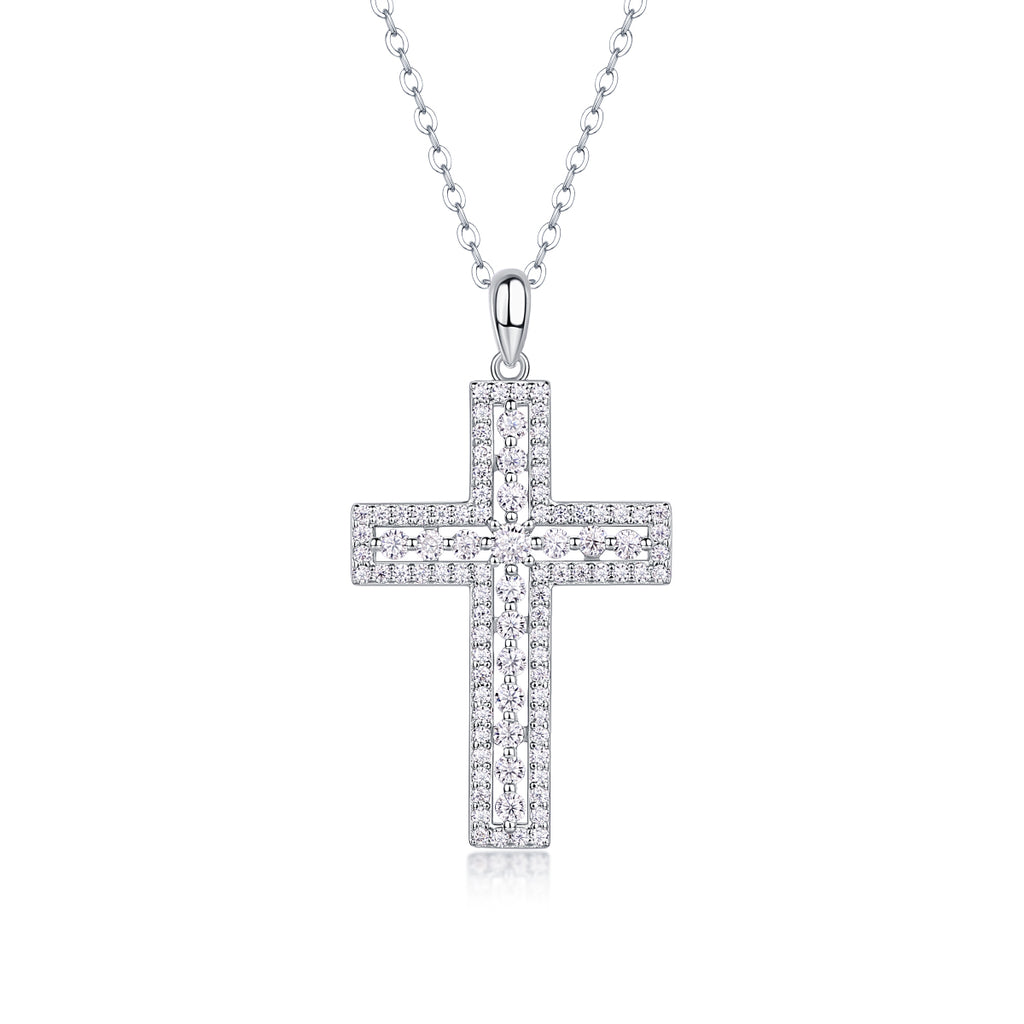 Moissanite Cross Sterling Silver Platinum Necklace