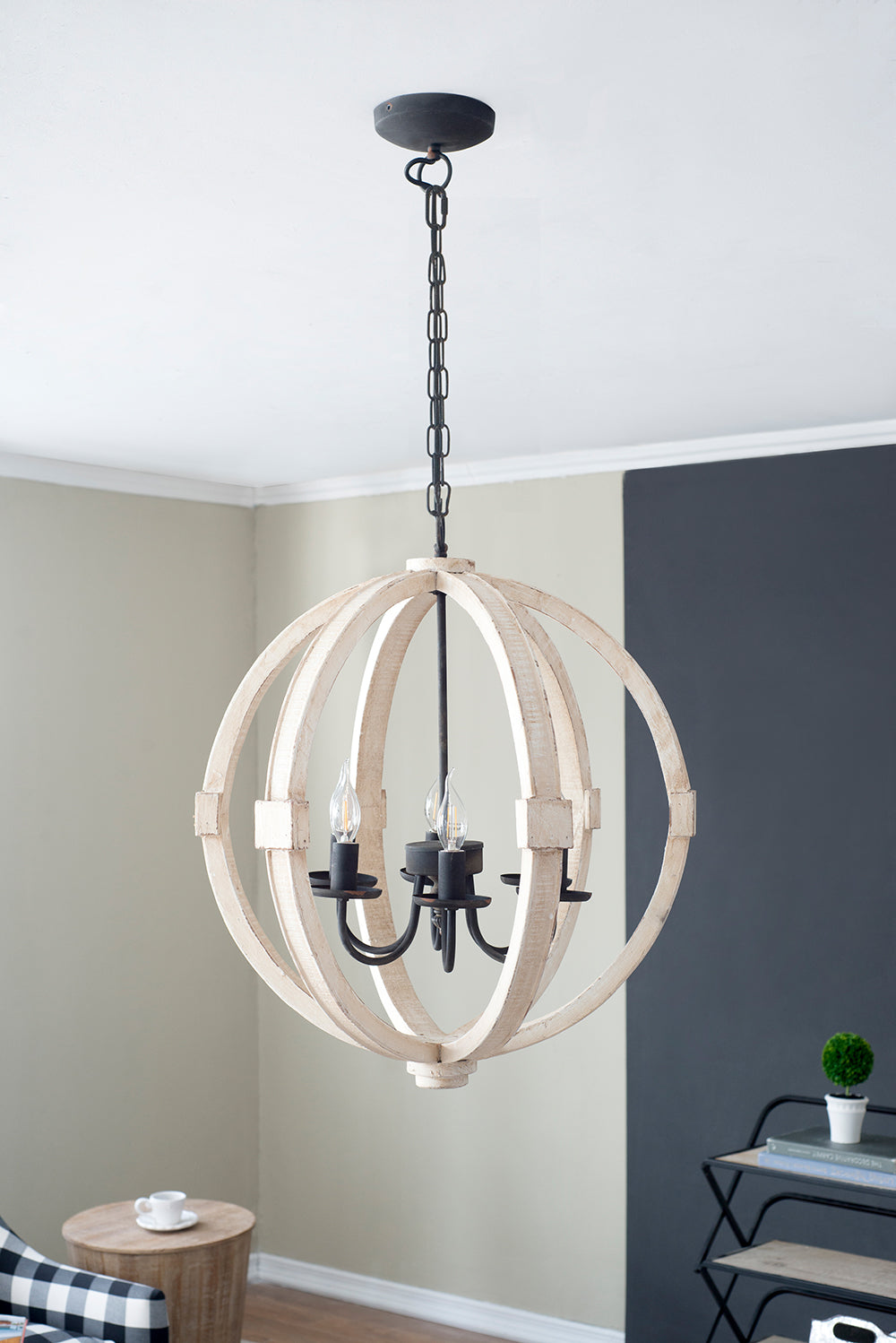Distressed White Wood Chandelier - 6-Light Farmhouse Pendant