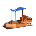 Boat-Shaped Wooden Sandbox with Canopy and Storage Bench