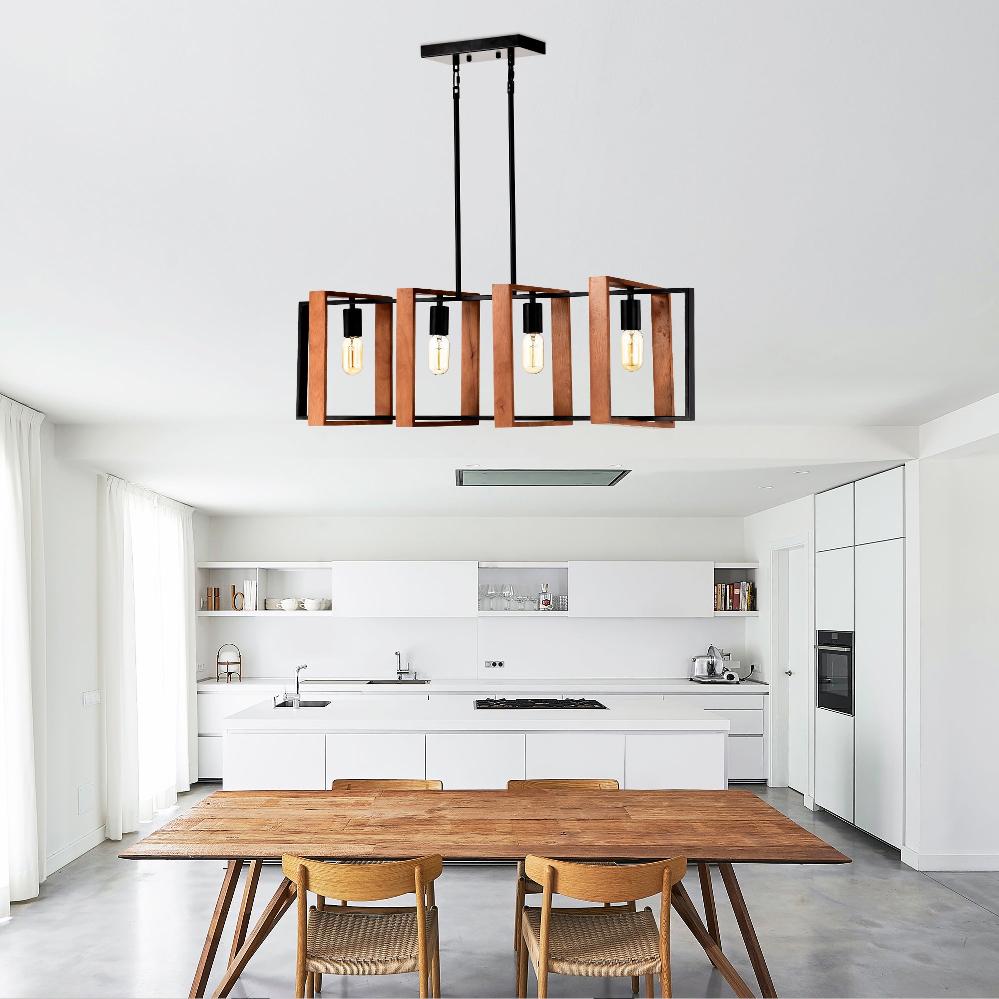 Rustic Farmhouse Chandelier - 4-Light Wood & Black Metal Pendant (36")