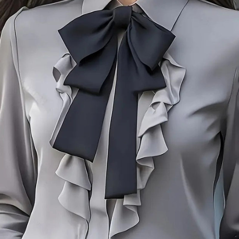 Women's Ruffle Trim Blouse with Bow Tie - Long Sleeve Office Shirt
