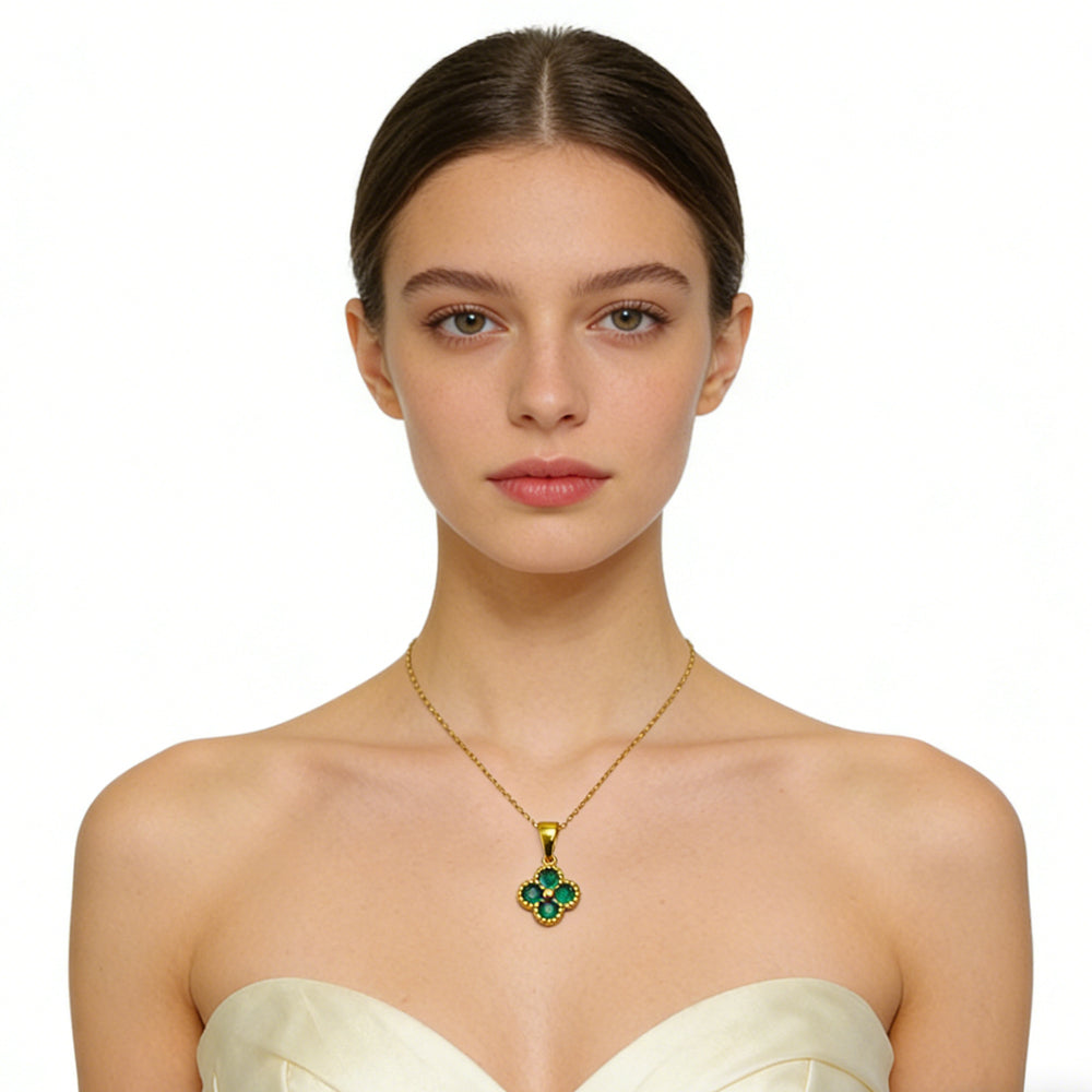 Green Four Leaf Clover 24K Gold Necklace