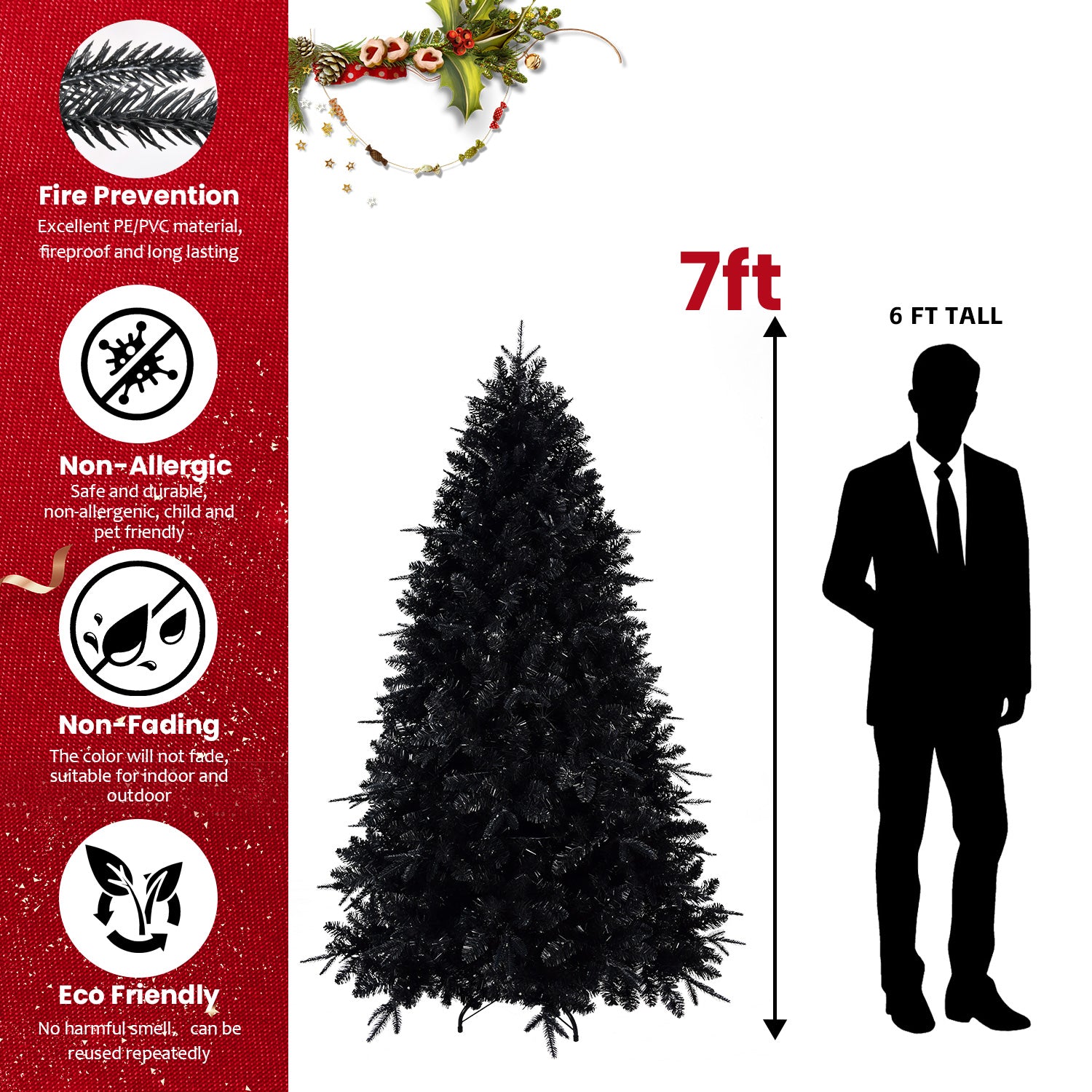 Pre-Lit Black Christmas Tree with White LED Lights - Halloween & Holiday Decor