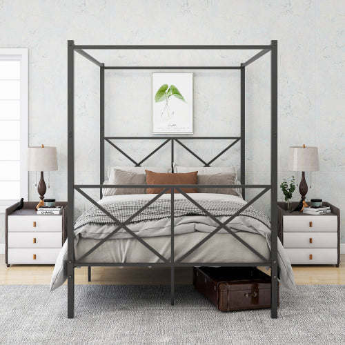 Full Size Metal Canopy Bed Frame - Black Platform Bed with Storage