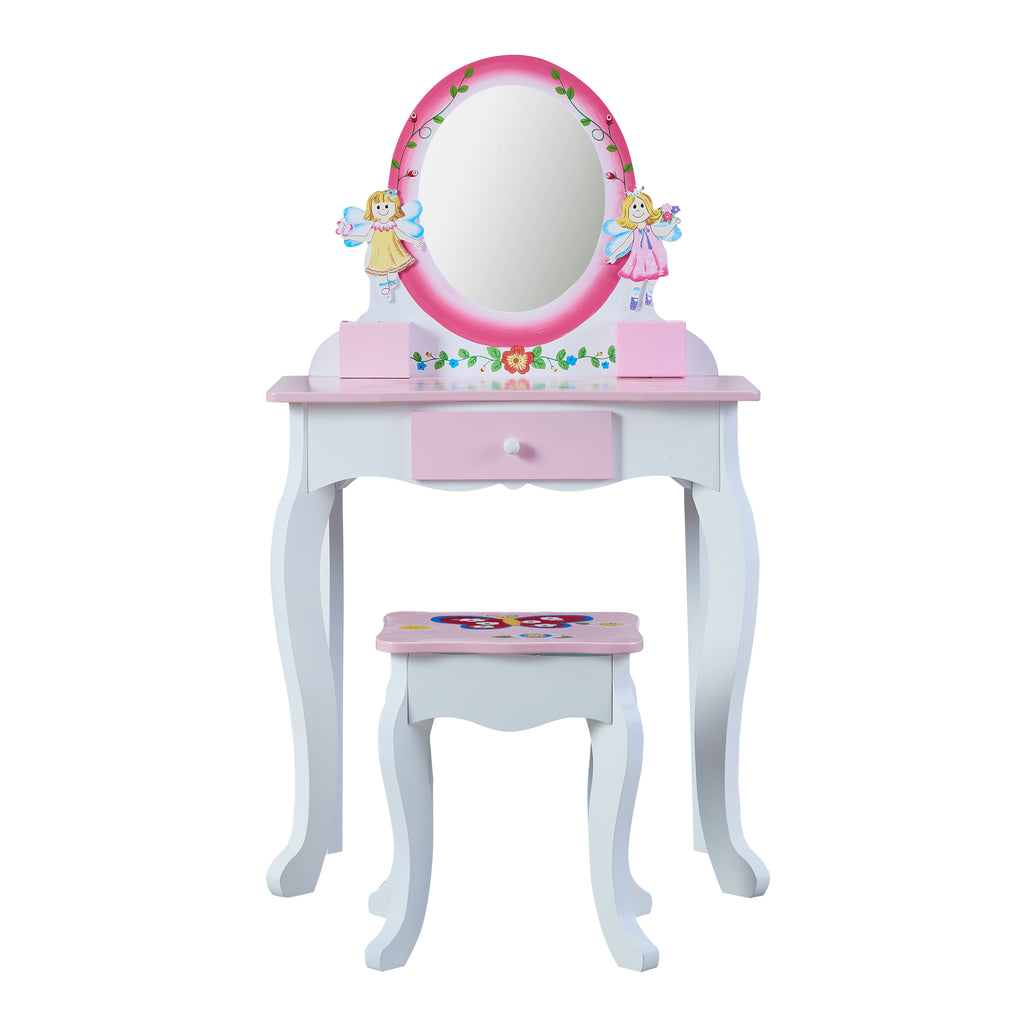 Kids Wooden Vanity Table with Mirror and Stool - Pink