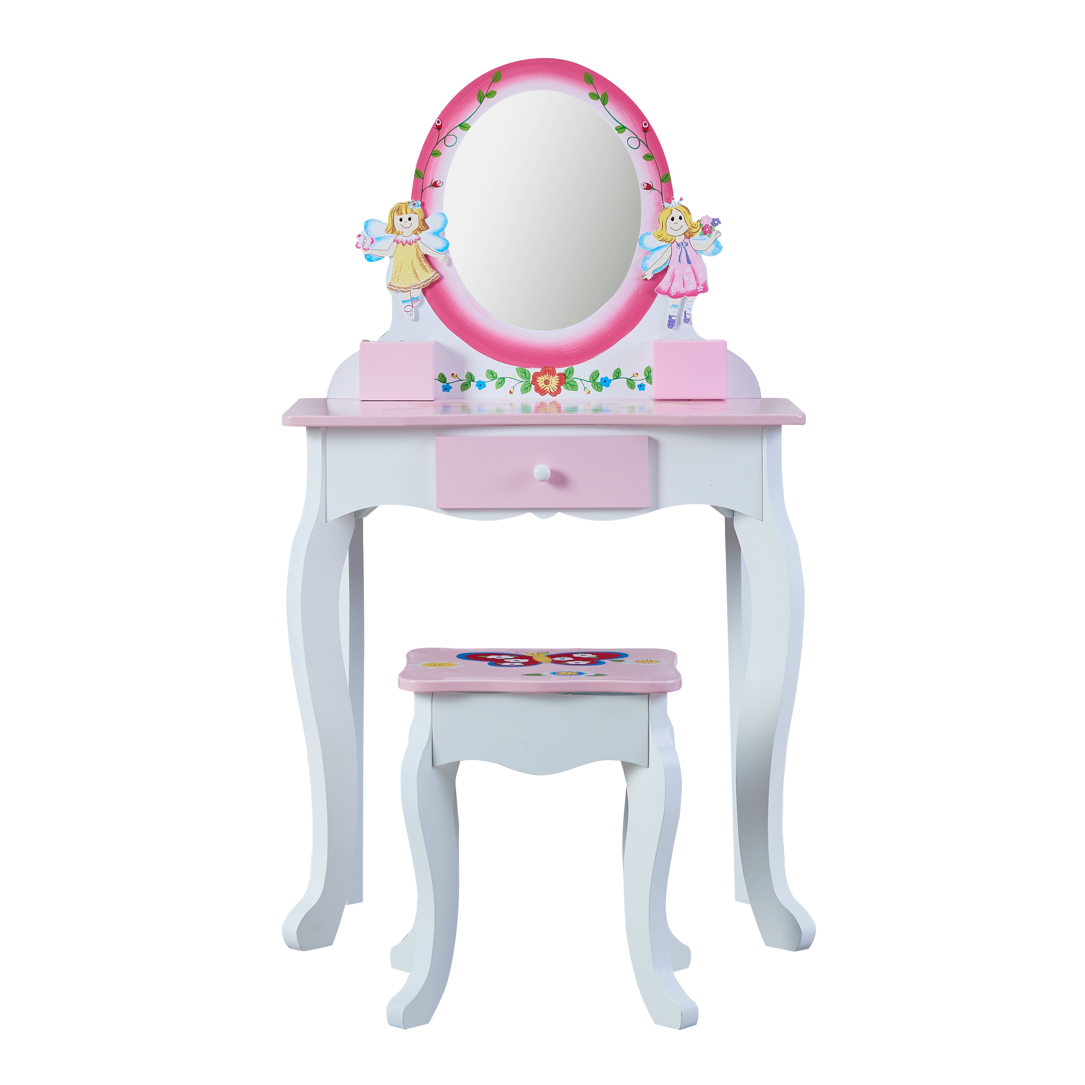 Kids Wooden Vanity Table with Mirror and Stool - Pink