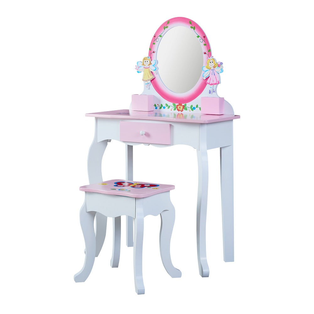 Kids Wooden Vanity Table with Mirror and Stool - Pink