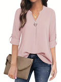 Women's V-Neck Pearl Button Shirt - Long Sleeve Casual Blouse