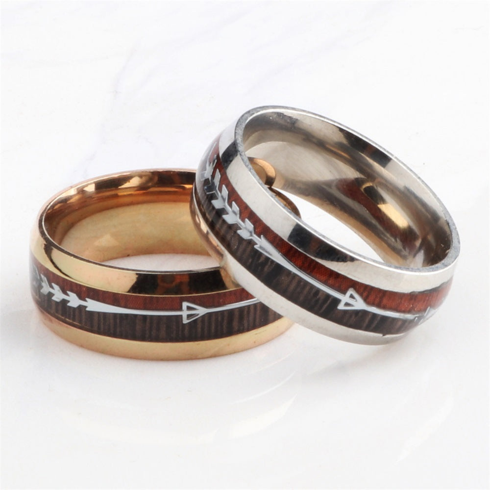 Stainless Steel Wood Grain Arrow Inlaid Ring - 3 Colors Available!