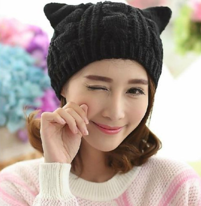 Handmade 3D Cute Knitted Cat Ear Beanie - Various Colors