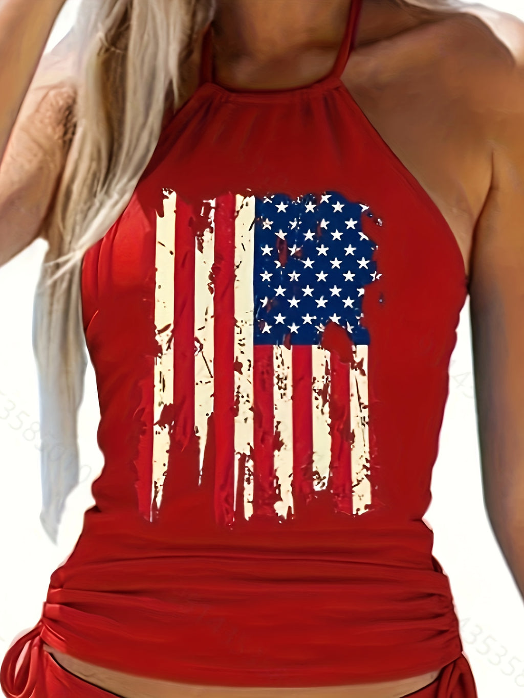 Women's Patriotic Flag Print Tankini Set - Two-Piece Halter Swimsuit