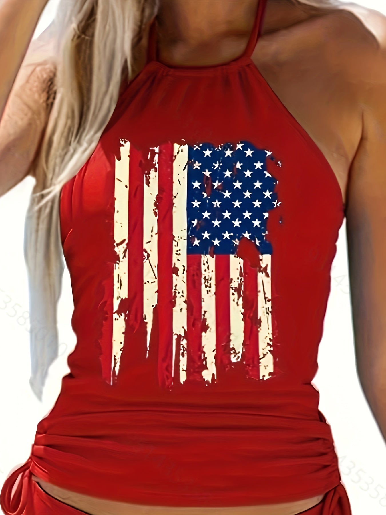 Women's Patriotic Flag Print Tankini Set - Two-Piece Halter Swimsuit