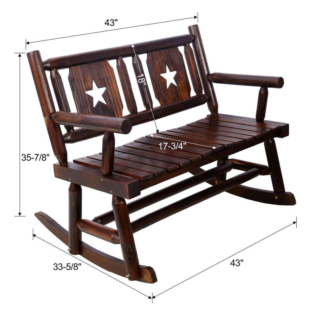 Outdoor Wood Rocking Bench for 2 - Rustic Brown Porch Rocker