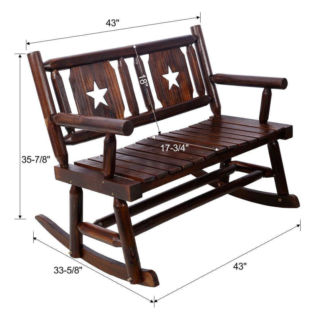 Outdoor Wood Rocking Bench for 2 - Rustic Brown Porch Rocker