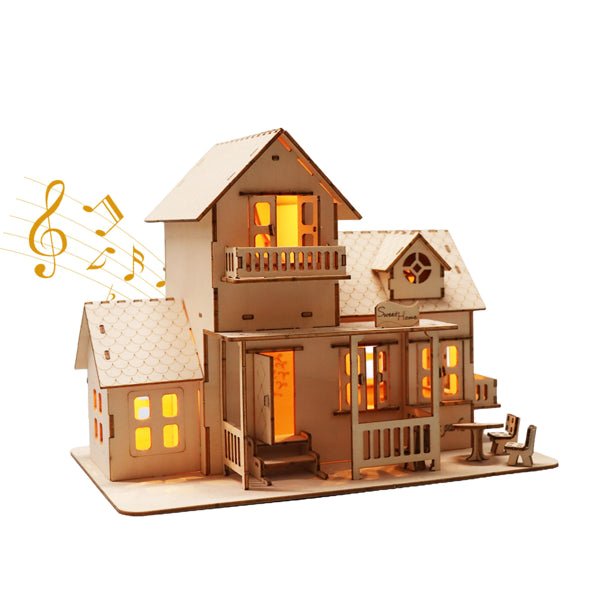 Sweet Home Music Box Miniature Dollhouse Kit - 3D Wooden Puzzle with LED Lights