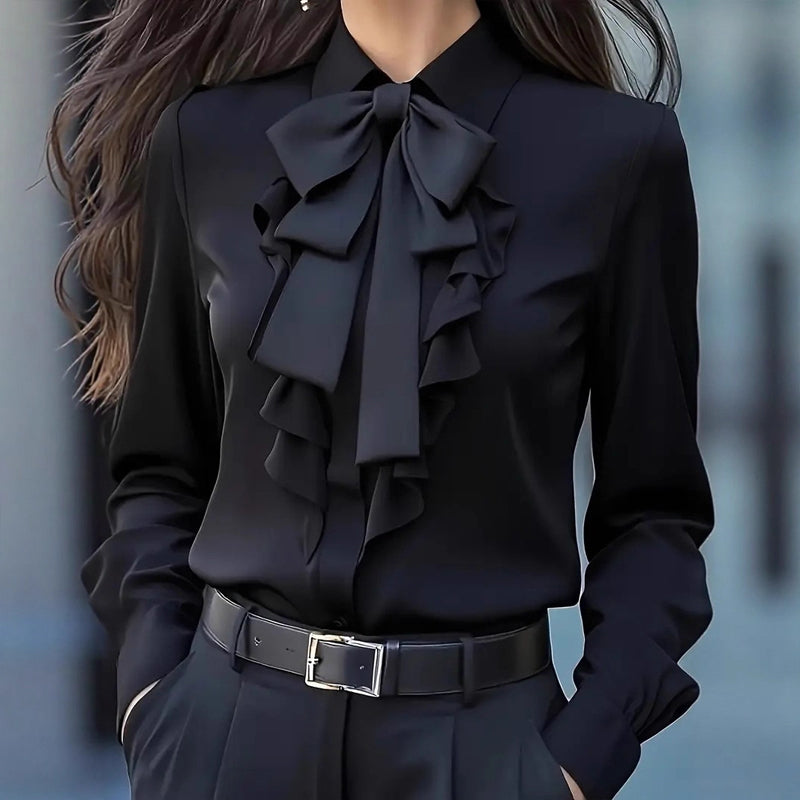 Women's Ruffle Trim Blouse with Bow Tie - Long Sleeve Office Shirt