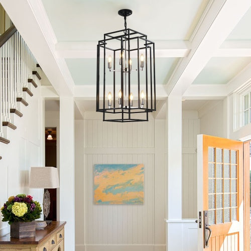 8-Light Industrial Farmhouse Chandelier - Black & Chrome Tiered Pendant
