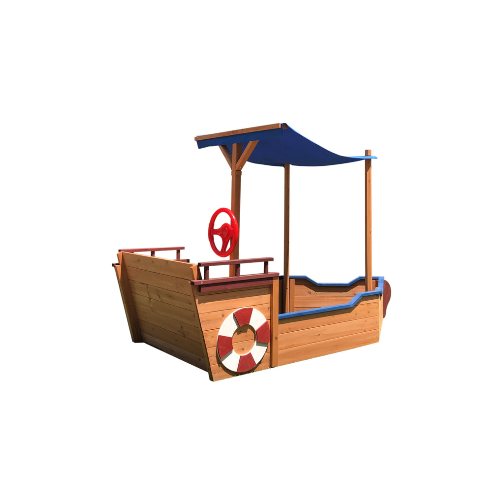 Boat-Shaped Wooden Sandbox with Canopy and Storage Bench