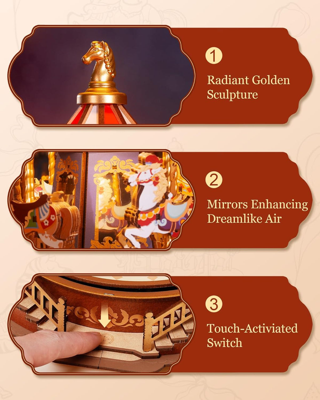 Robotime Classic Carousel Music Box 3D Wooden Puzzle with LED Lights - Mechanical Model Kit
